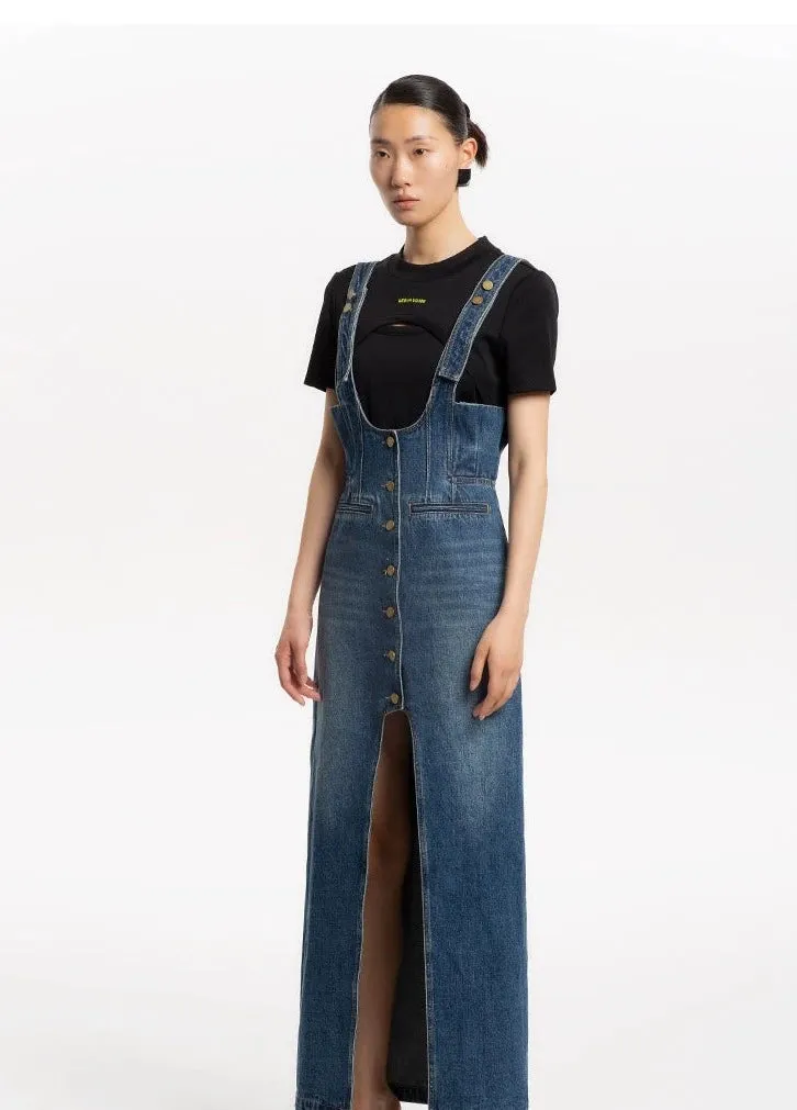 LEDI W High waist fine wash split denim strap skirt dress - Uoma