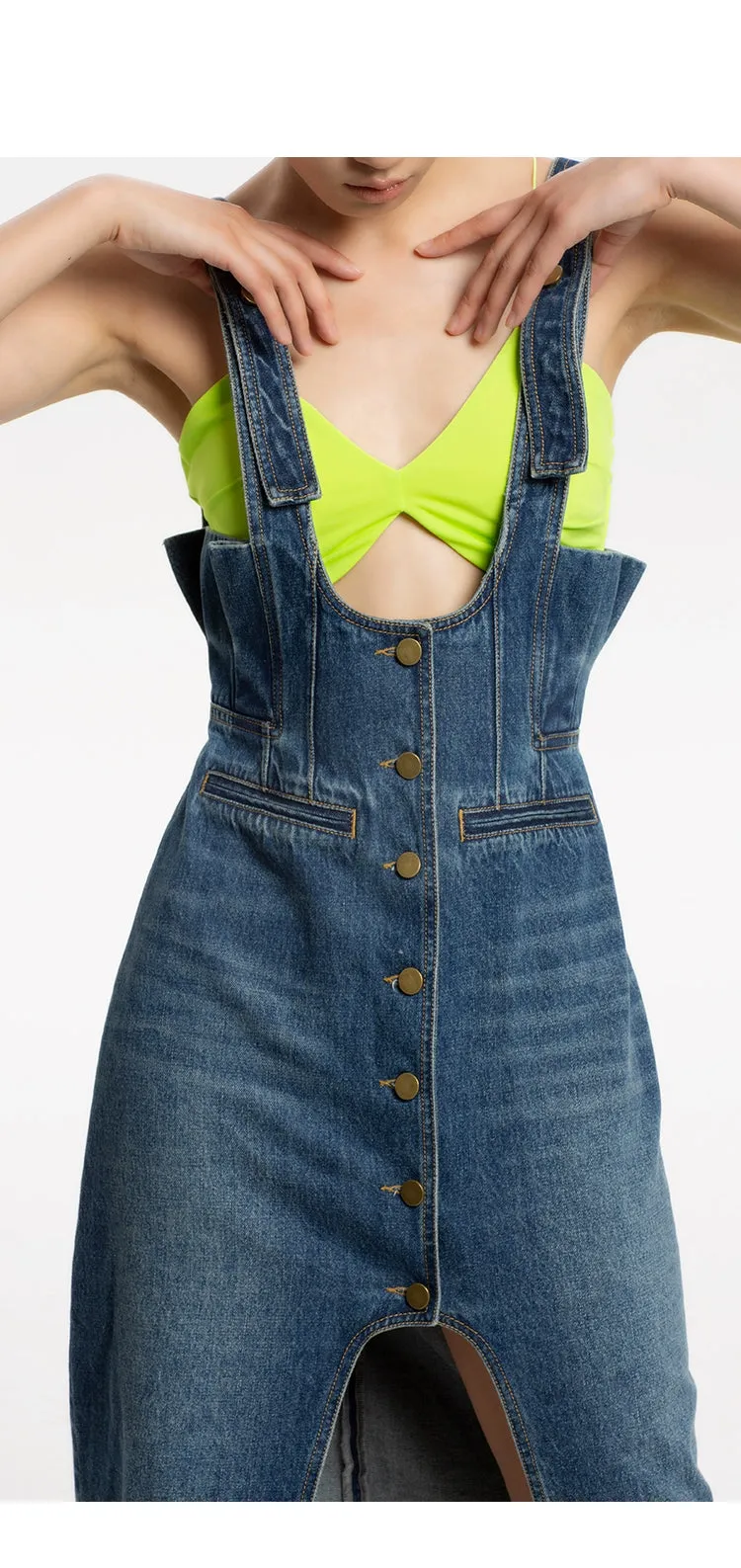 LEDI W High waist fine wash split denim strap skirt dress - Uoma
