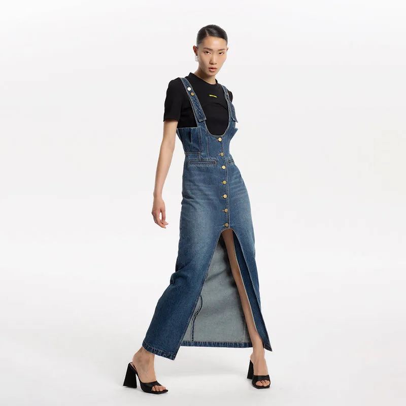 LEDI W High waist fine wash split denim strap skirt dress - Uoma