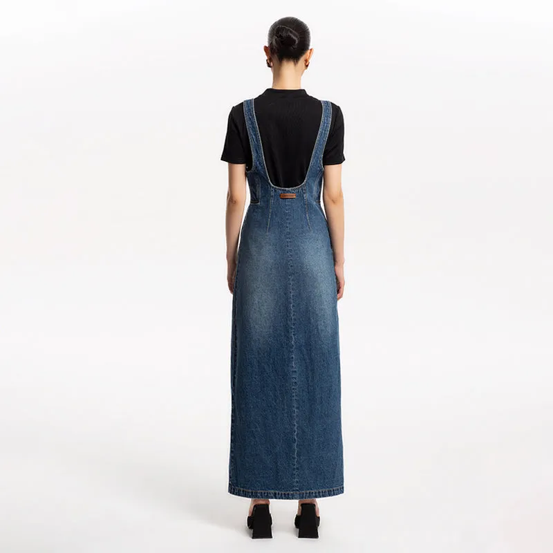 LEDI W High waist fine wash split denim strap skirt dress - Uoma