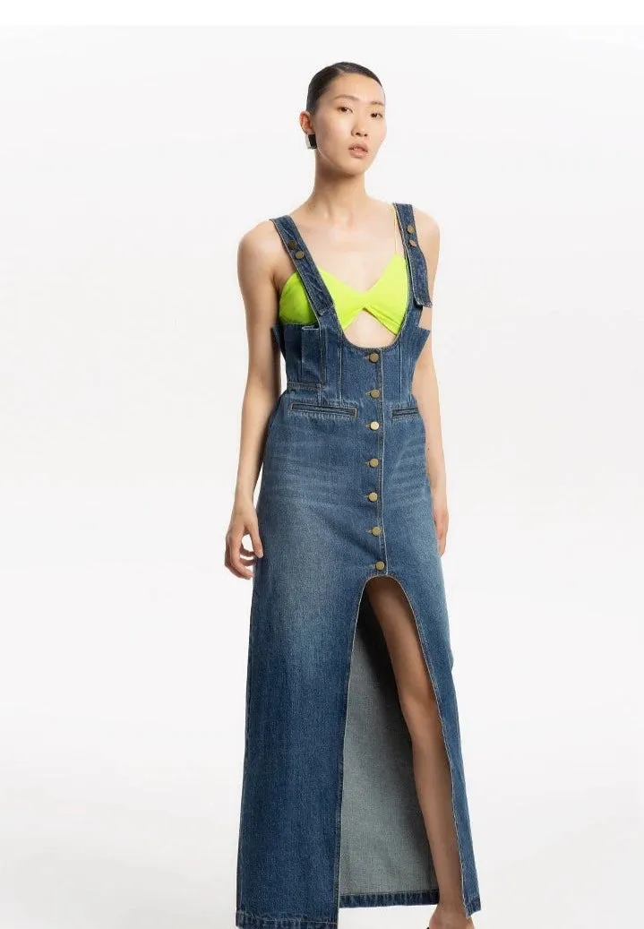 LEDI W High waist fine wash split denim strap skirt dress - Uoma