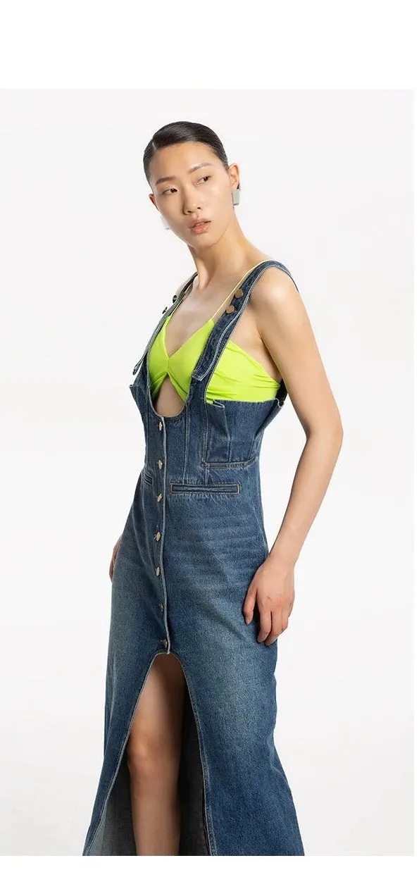 LEDI W High waist fine wash split denim strap skirt dress - Uoma