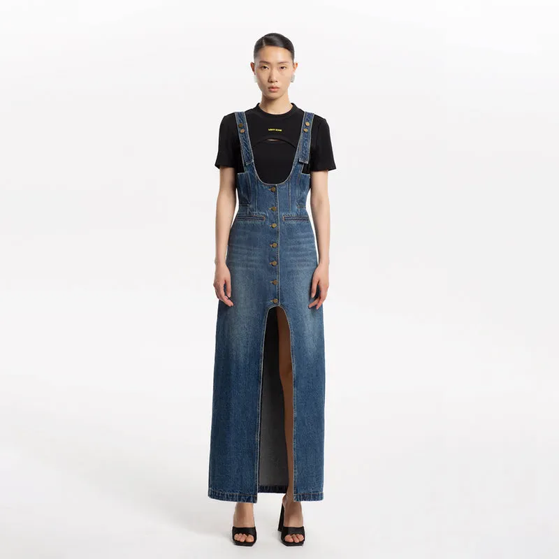 LEDI W High waist fine wash split denim strap skirt dress - Uoma