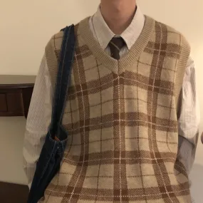Riolio Spring Autumn Fashion Solid Plaid Casual Pullover Tess Vest Men Loose Knitted Top Sweater Gentle Students College Style