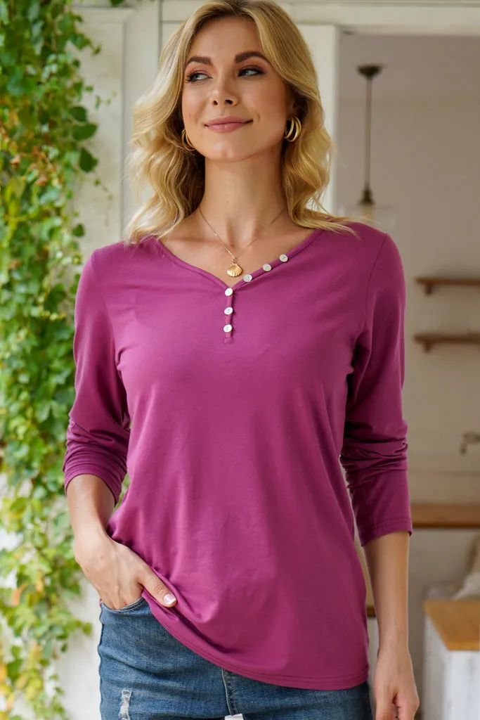 Soild Long Sleeve Henley Button up T Shirt