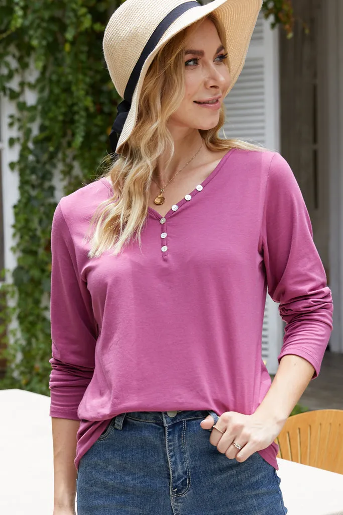 Soild Long Sleeve Henley Button up T Shirt
